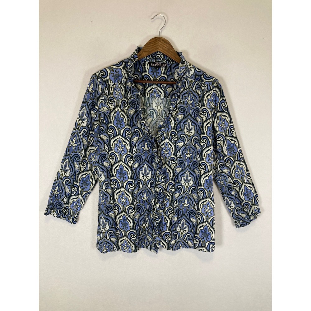 Boho Liza Byrd Women Large Blue Paisley Ruffle V-Neck Button Front Rayon Blouse